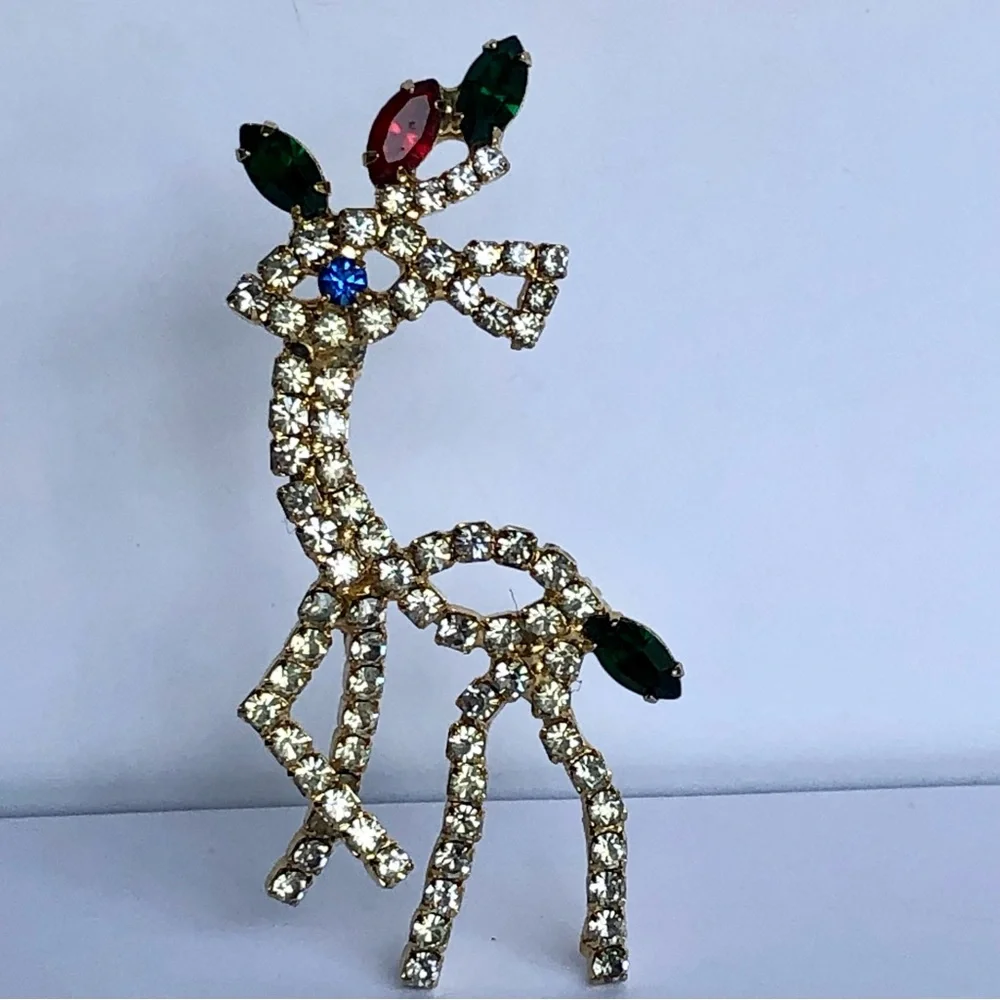 Vintage Rhinestone Reindeer Brooch Pin gold tone Rudolph